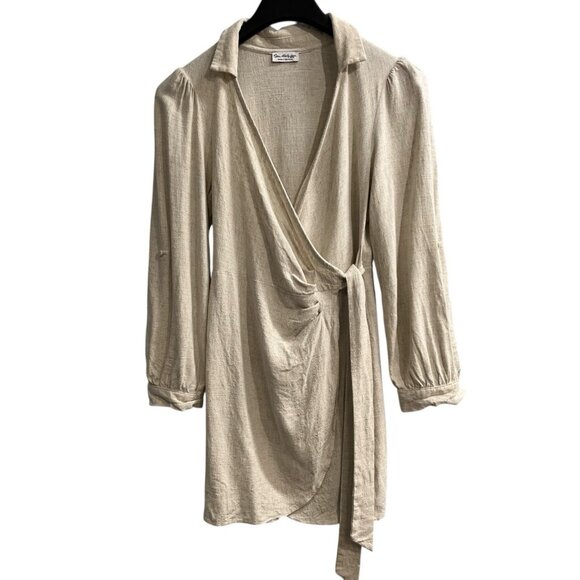 Miss Selfridge Dress Womens US 6 Oatmeal Linen Viscose Blend Wrap Mini Lagenlook - Picture 1 of 10